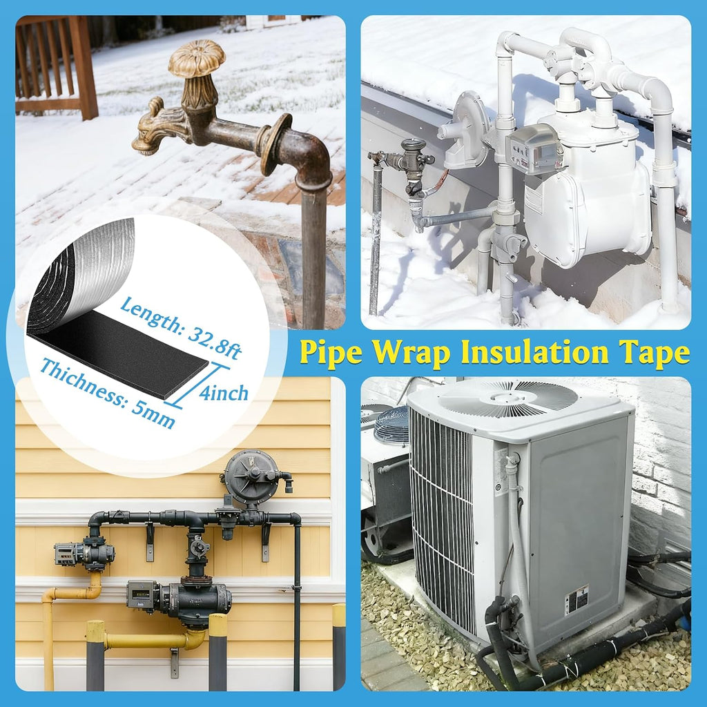 Extra Wide Pipe Insulation Wrap 4" x 32.8 Ft, Self Adhesive Foam and Foil Tape for Winter Freeze Protection, AC Line