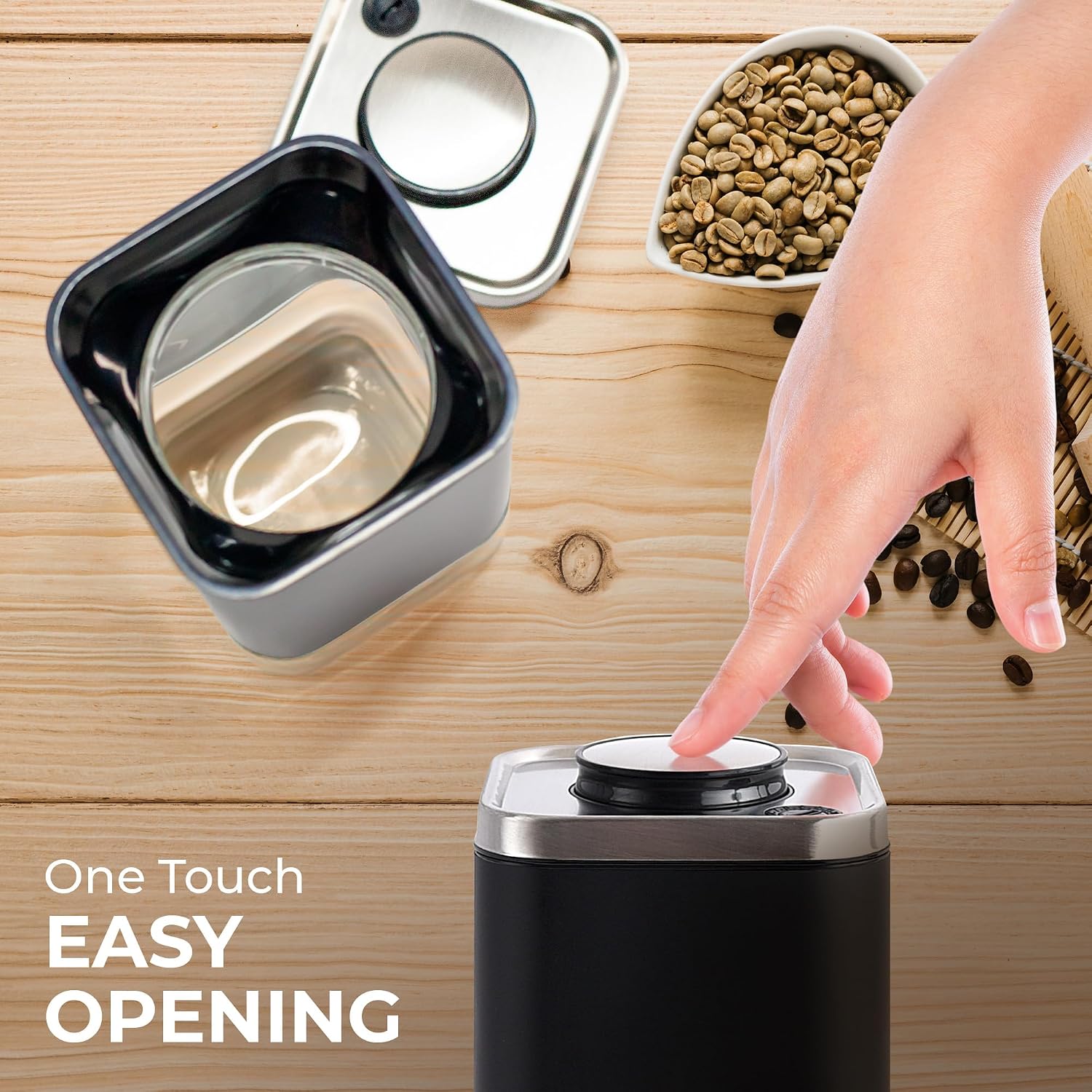Kaffe Glass Coffee Canister (12oz) w/Airtight Lid - Click to Release Seal - BPA Free Glass & Stainless Steel