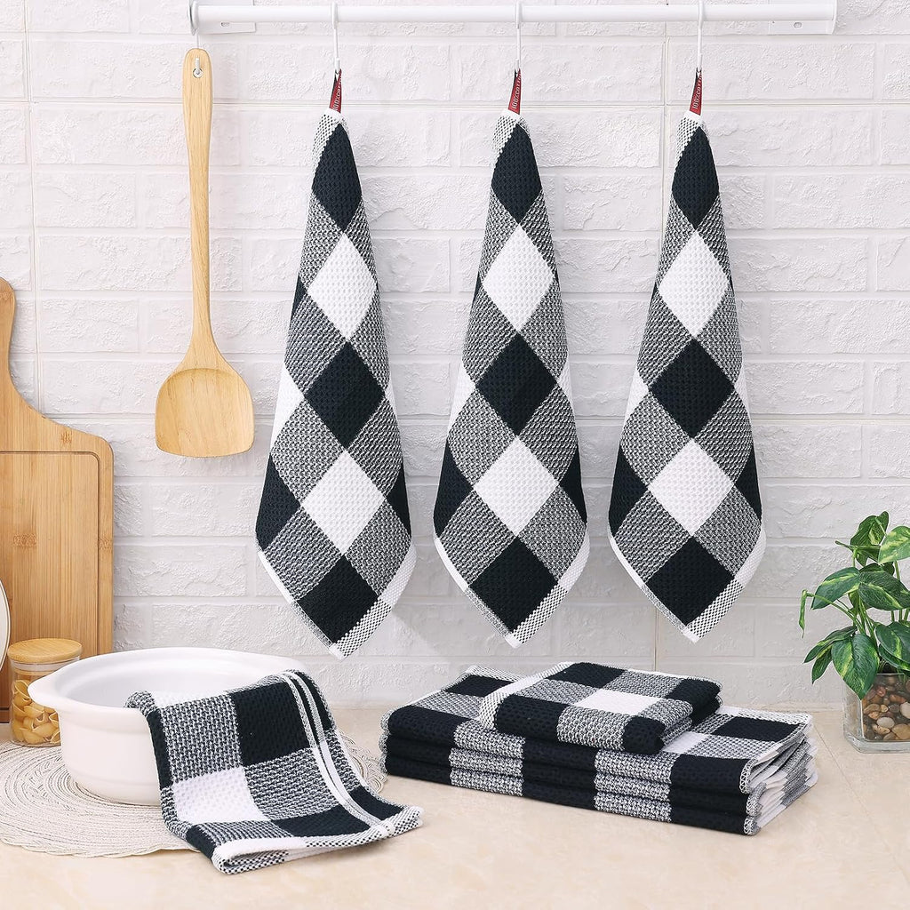 Kitchen Towels and Dishcloths Set, Set of 8, White & Black | Bulk Cotton Waffle Weave Check Plaid Kitchen Towels