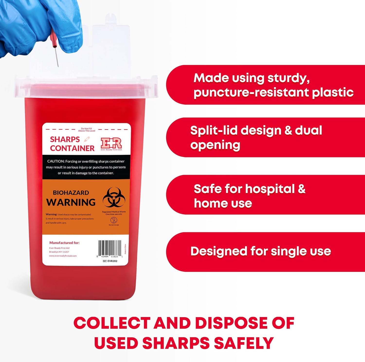 3 Count Sharps Container with Split Lid Design and Locking Mechanism for Sharp Waste Disposal, 1 Quart