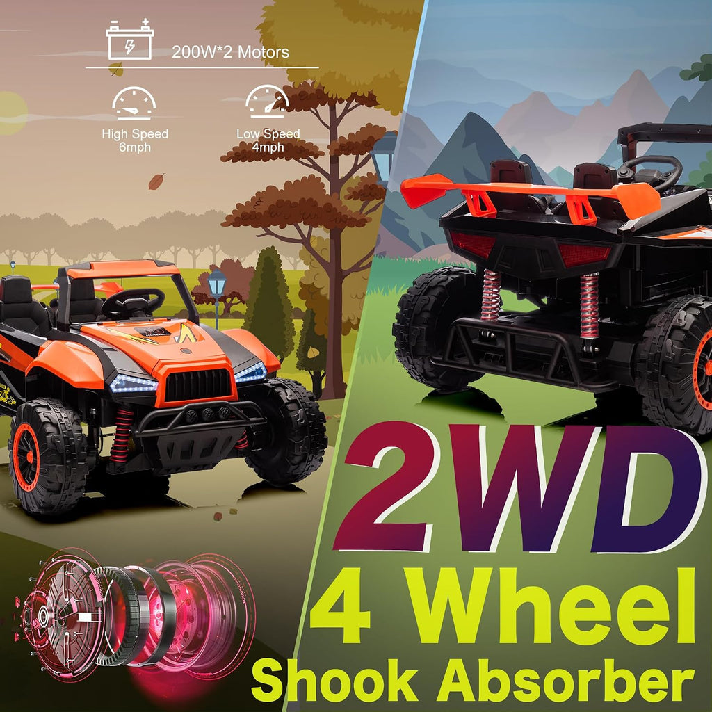 24V Ride on Car Toys for Big Kids, 4 Wheeler Electric Off-Road UTV Trucks with 2-Seater, LED Lights, Music and Remote