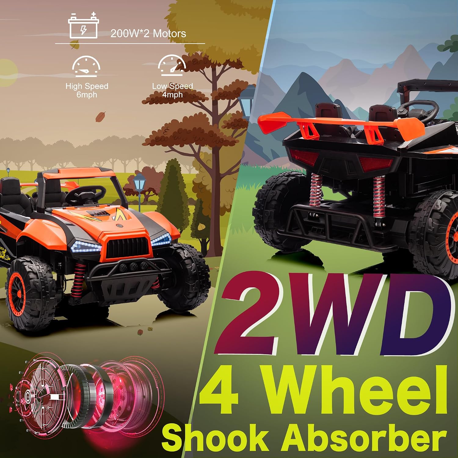 24V Ride on Car Toys for Big Kids, 4 Wheeler Electric Off-Road UTV Trucks with 2-Seater, LED Lights, Music and Remote