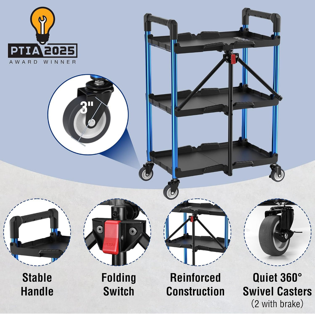 3-Tier Collapsible Utility Cart, 210 LBS Cart with Wheels