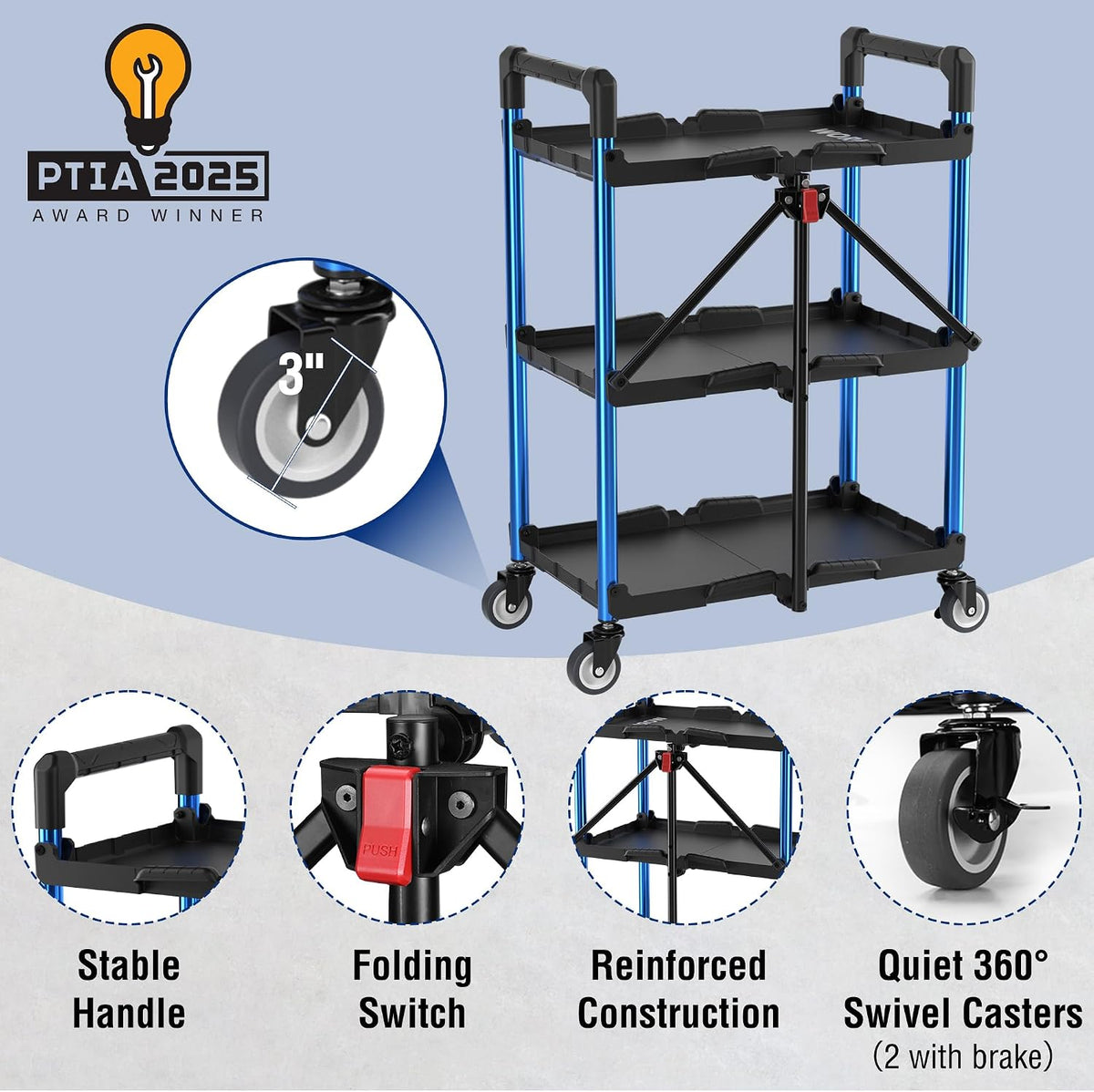 3-Tier Collapsible Utility Cart, 210 LBS Cart with Wheels