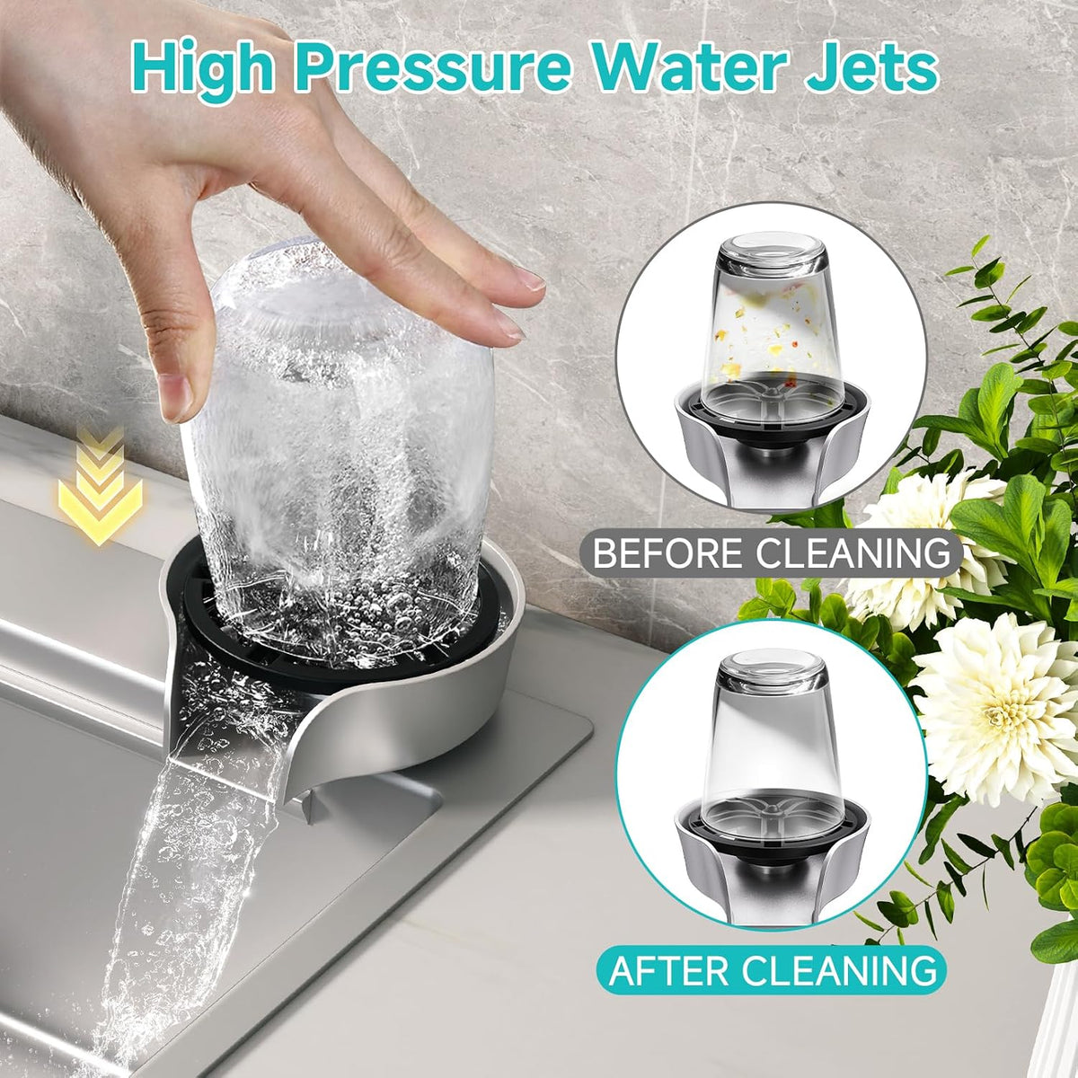 Glass Rinser for Kitchen Sink, High Pressure 360 Degree Rotating Spout Glass Rinser with Pull-out Spray Gun Design