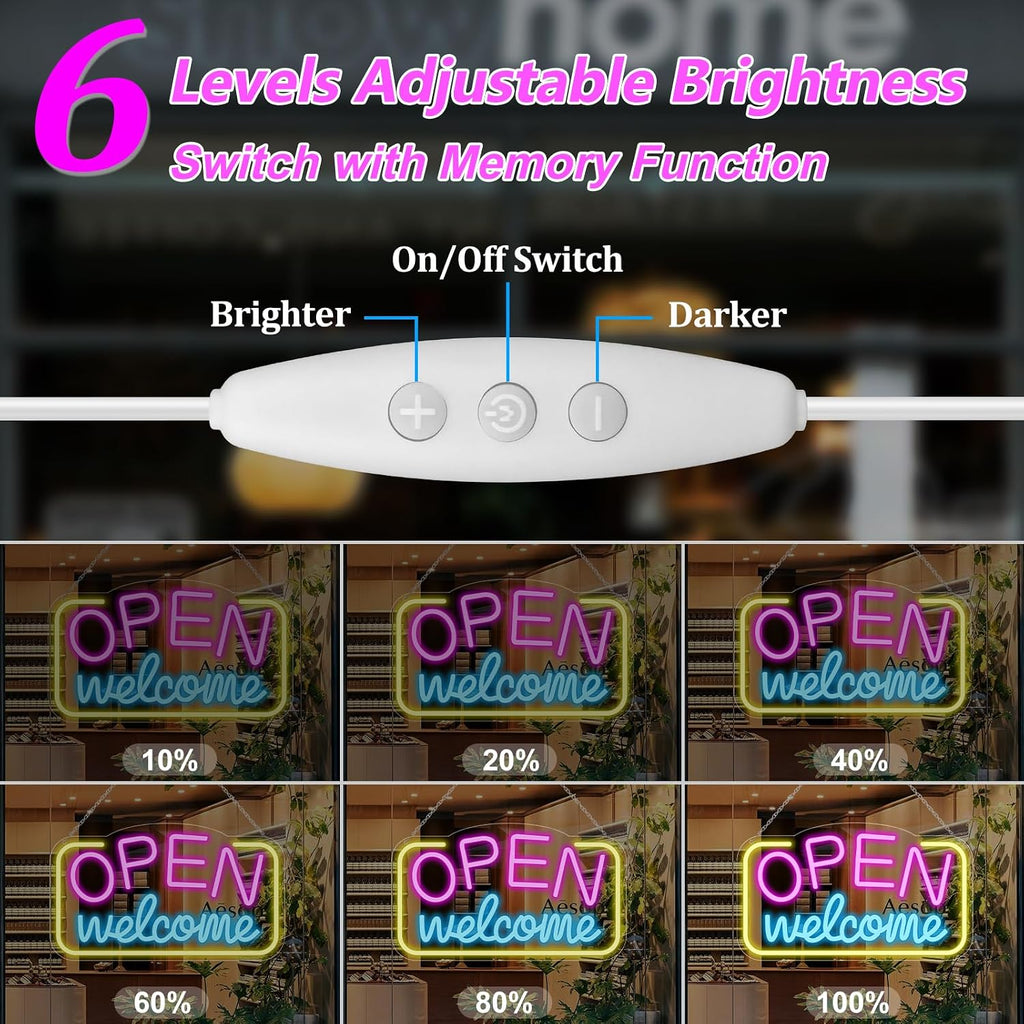 Open Sign for Business, 16" x 9" Bright LED Neon Open Sign Powered by USB with ON/OFF Switch, Adjustable Brightness