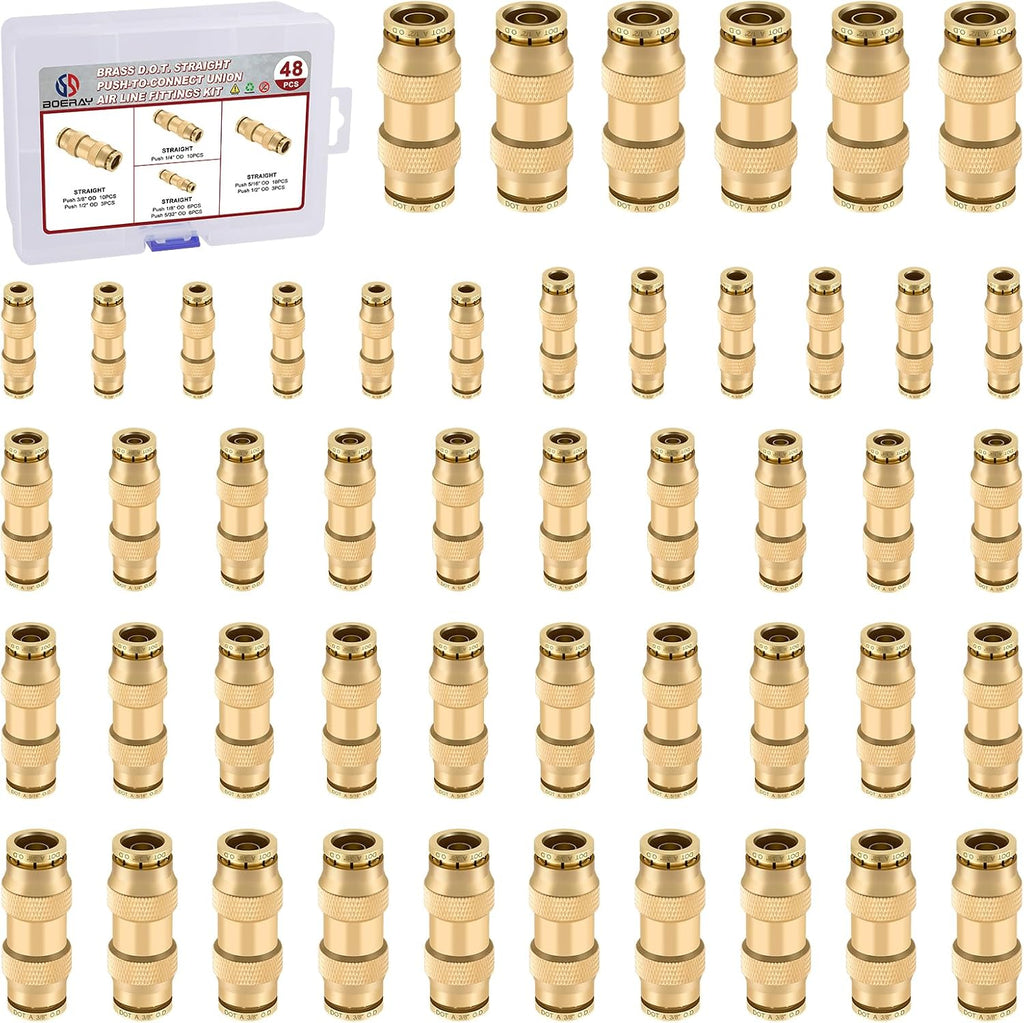 48PCS 6-Size Brass Dot Air Line Fitting Kit,1/8"-1/2" Straight Union