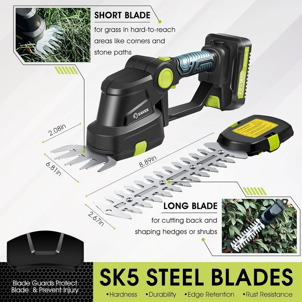 20V Cordless Hedge Trimmer,2 in 1 Electric Bush Trimmer | Electric Shrub Trimmer Grass Shears , Hedge Shear with 1