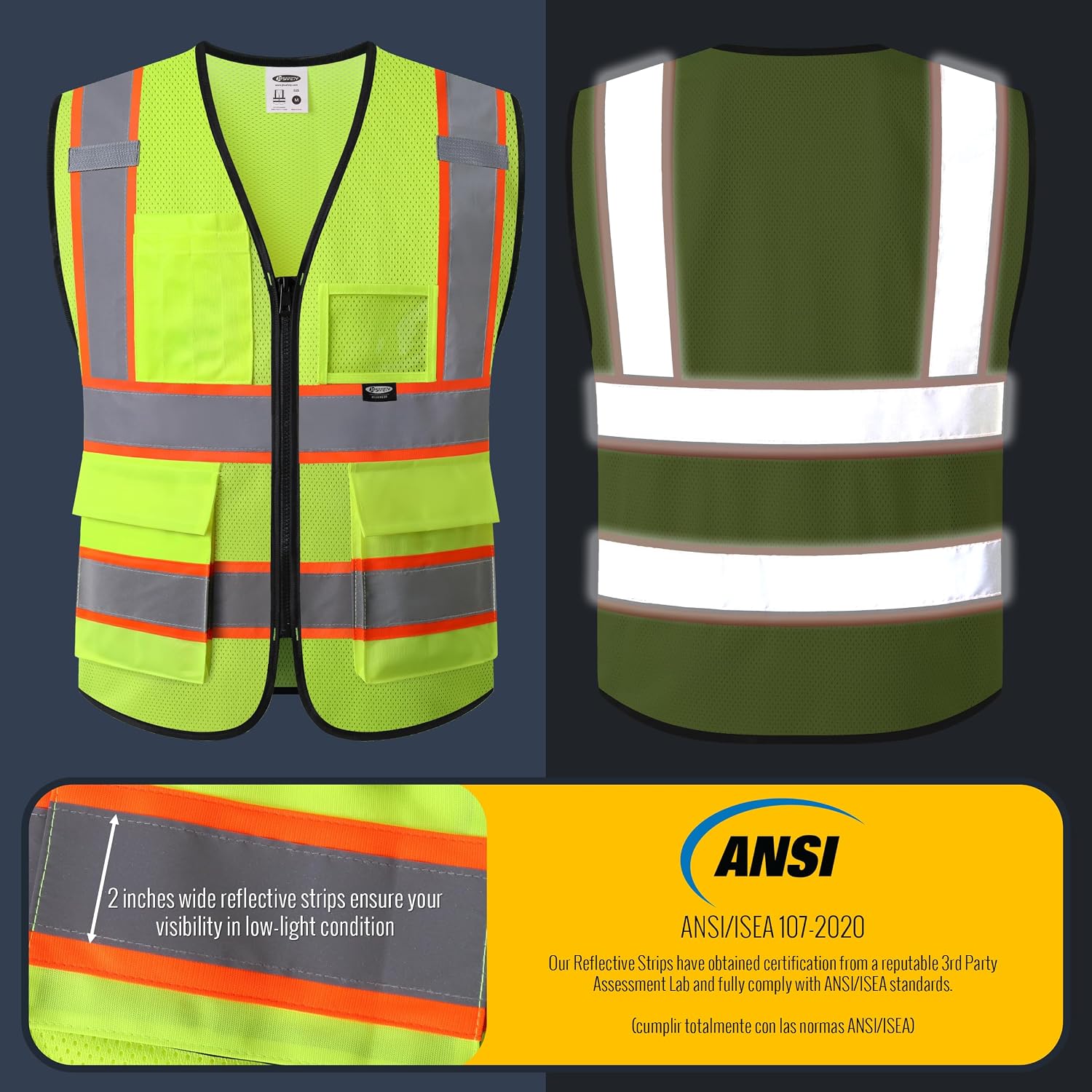 Safety Vest for men women Hi Vis Vest with Pockets and Zipper High Visibility Reflective Vests BX320