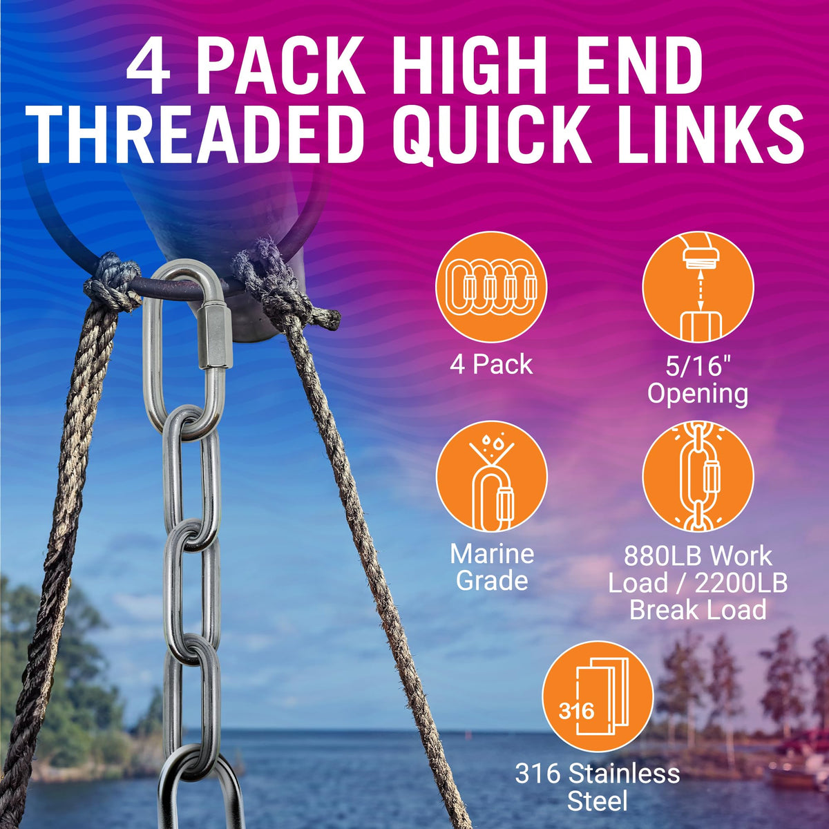 316 Stainless Steel Locking Chain Link, Threaded Quick Link Chain Connector