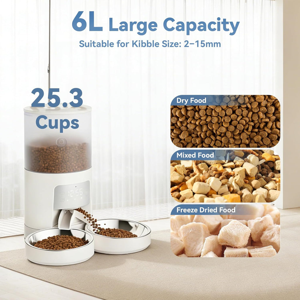 6L Automatic Cat Feeder for 2 Cats, Timed Cat Food Dispenser with 2 Stainless Bowls, 10s Voice Recorder, Dual Power
