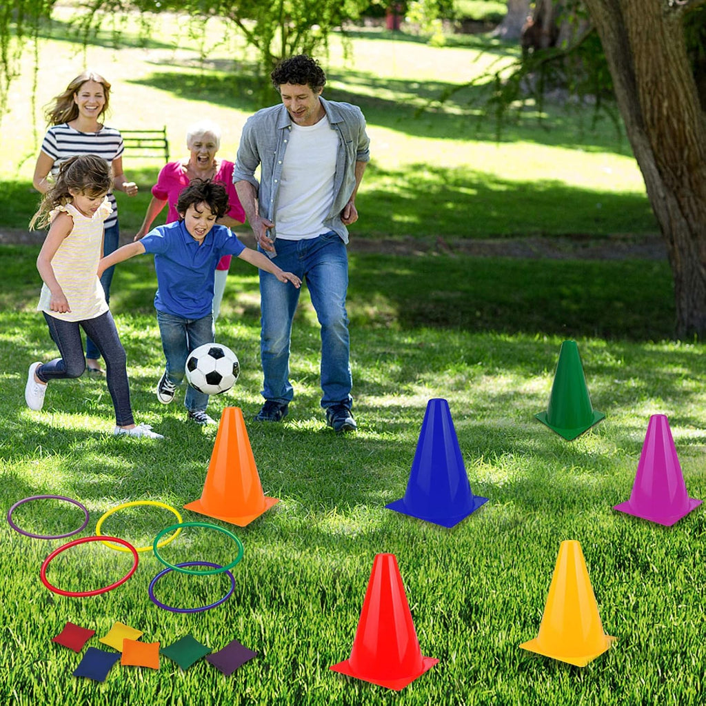 31PCS 3 in 1 Carnival Outdoor Games Combo Set for Kids, Soft Plastic Cones Bean Bags Ring Toss Game, Gift for