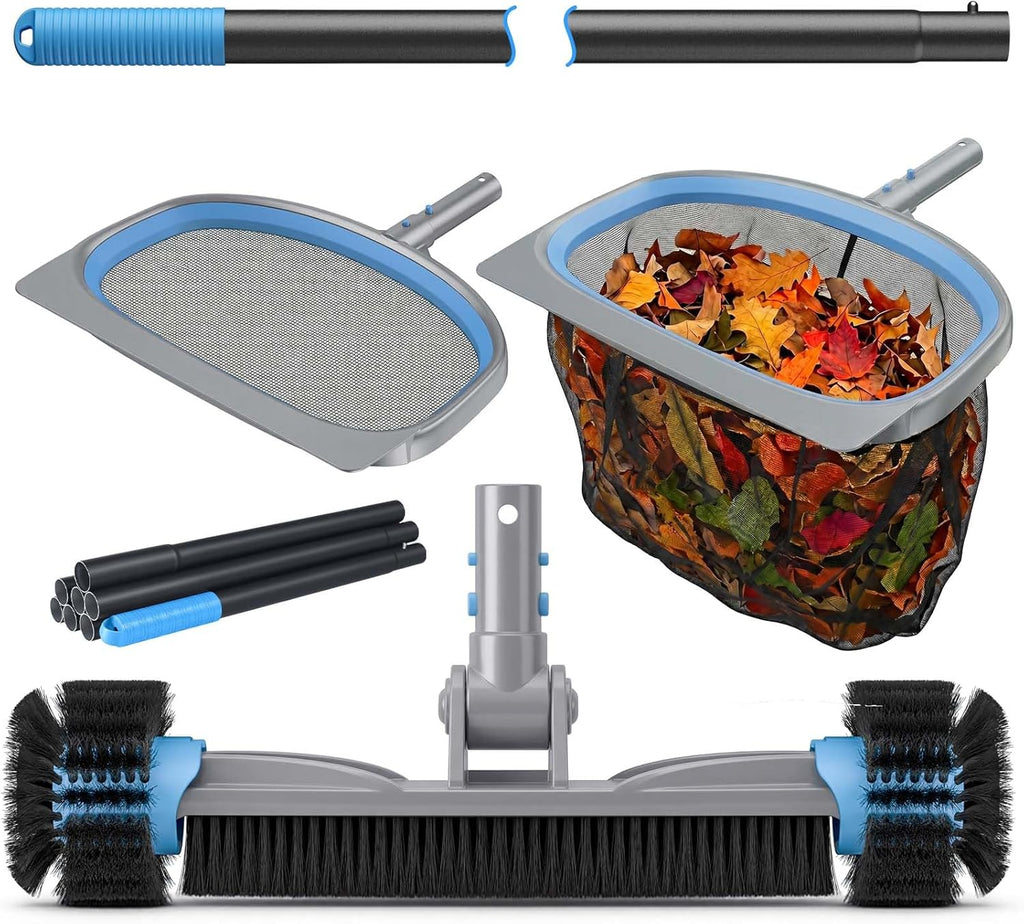 4-in-1 Deluxe Swimming Pool Cleaning Kit - Includes Detachable Pool Brush, Heavy Duty Deep Leaf Skimmer Net, Fine
