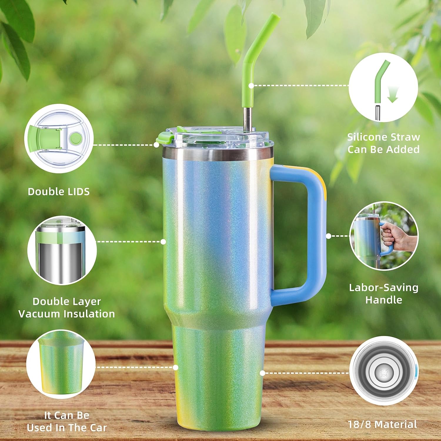 40 oz tumbler with handle and straw,Double Wall Vacuum Reusable Stainless Steel Insulated Water Bottle,With Leak