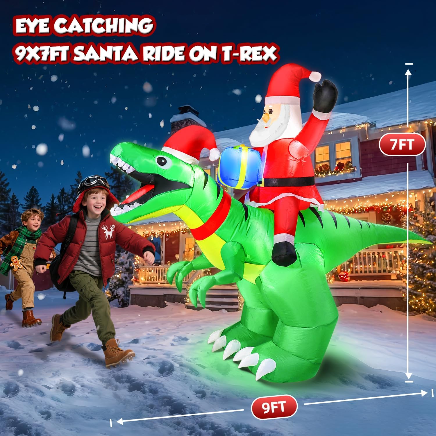 9x7FT Christmas Inflatables Santa Ride on Dinosaur with LED Outdoor Christmas Dinosaur Inflatable Blow Up Yard