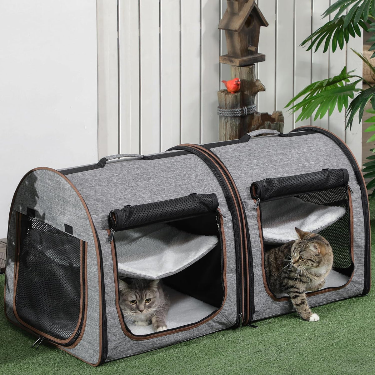 39" Portable Soft-Sided Cat Carrier, Two Compartments, Light Gray