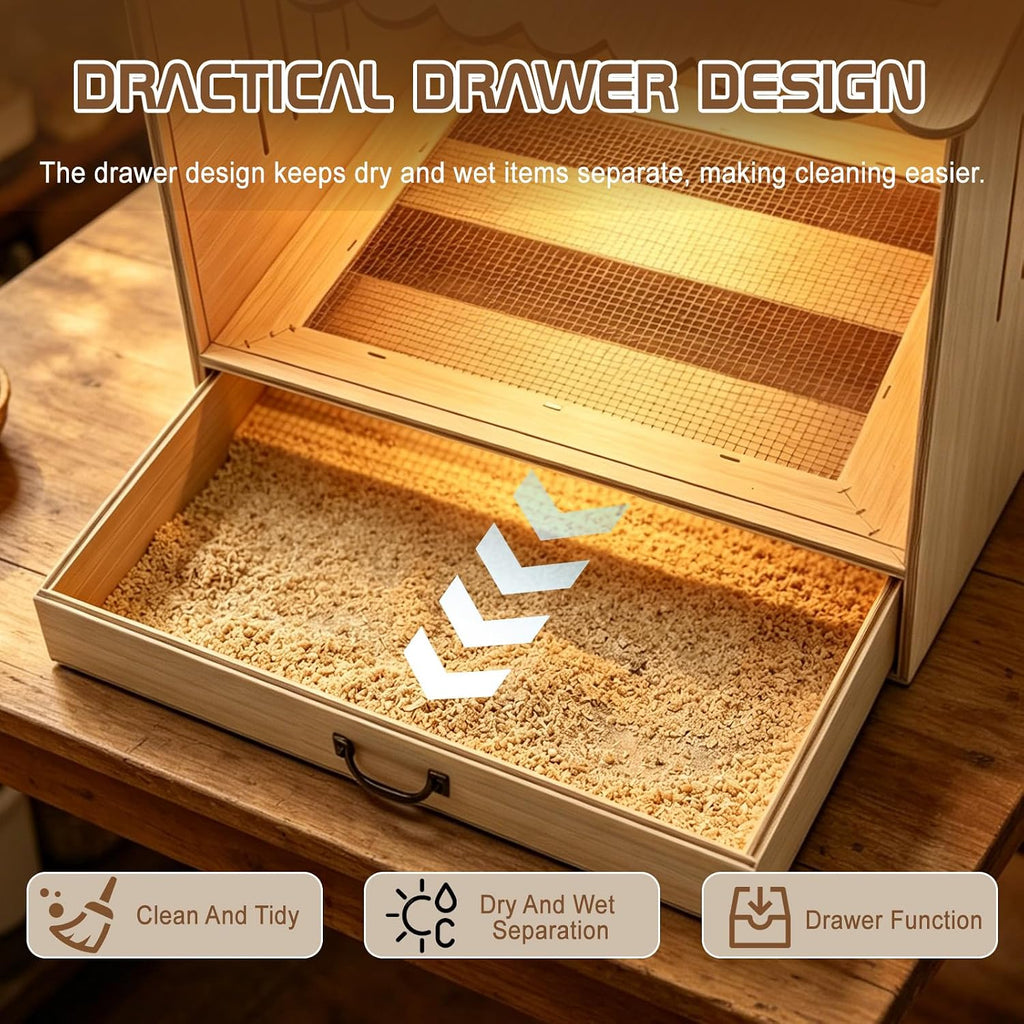 Wooden Chicken Brooder Box with Heating Lamp, 20x18x16 Inch Brooder Box with Mesh Bottom Drawer for Waste Collection