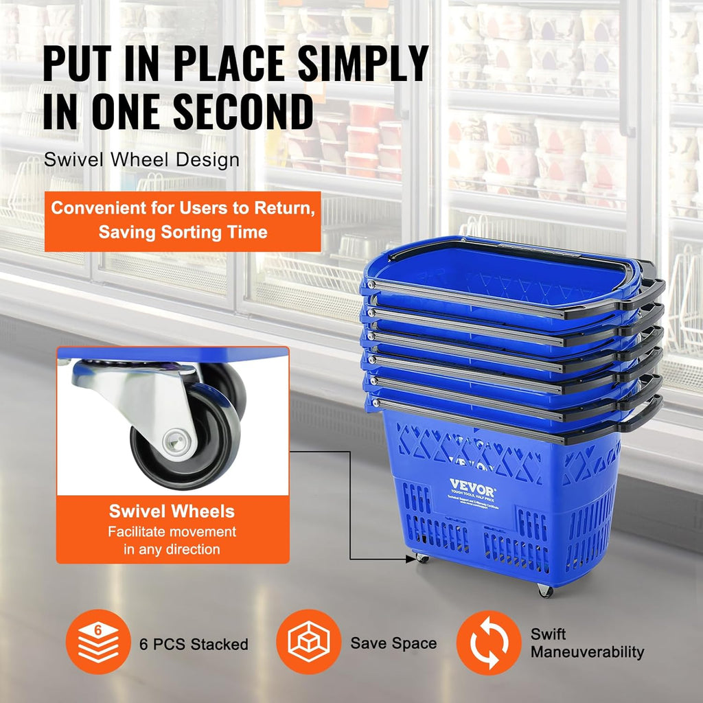Shopping Carts with Handles, 6PCS, 39L Plastic Rolling Shopping Basket with Wheels, Large Portable Shopping Basket