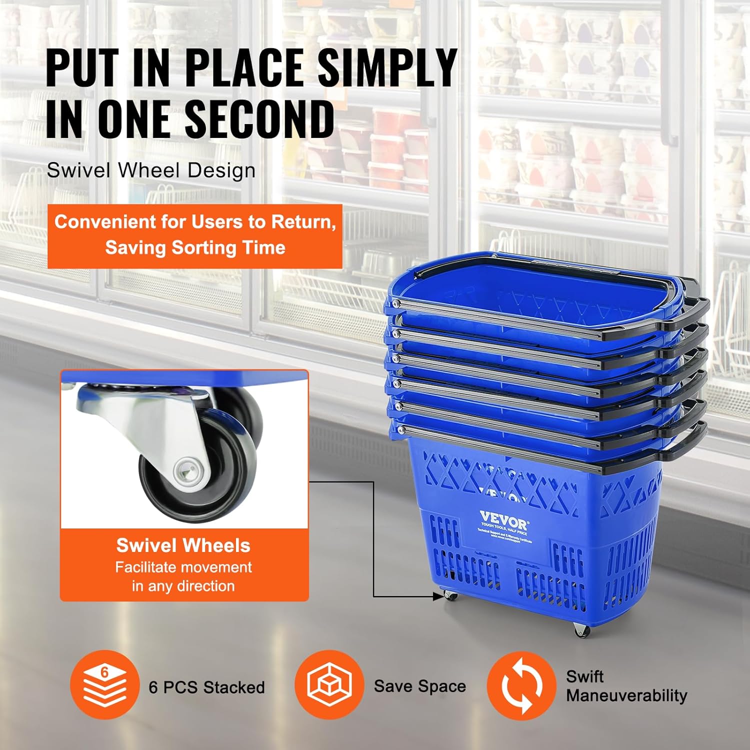 Shopping Carts with Handles, 6PCS, 39L Plastic Rolling Shopping Basket with Wheels, Large Portable Shopping Basket