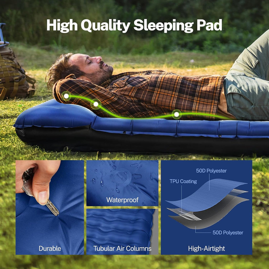 Sleeping Pad for Camping, 6" Extra-Thick Reinforced Camping Pad | Sleeping Mat With Pillows & Built-in Foot Pump