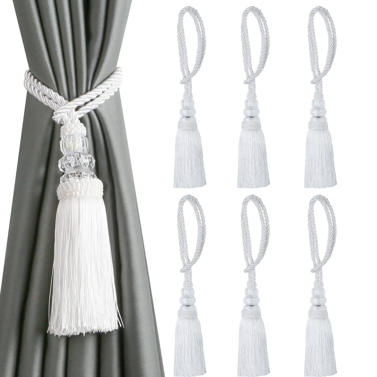6 Pack Curtain Tiebacks with Tassel, White