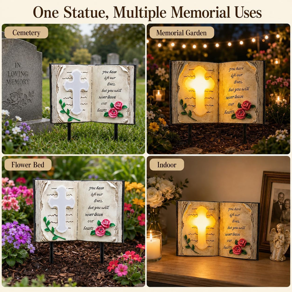 Outdoor Solar Memorial Cross Stakes Lights, Waterproof Book Statue Grave Decorations Sympathy Gifts for Cemetery