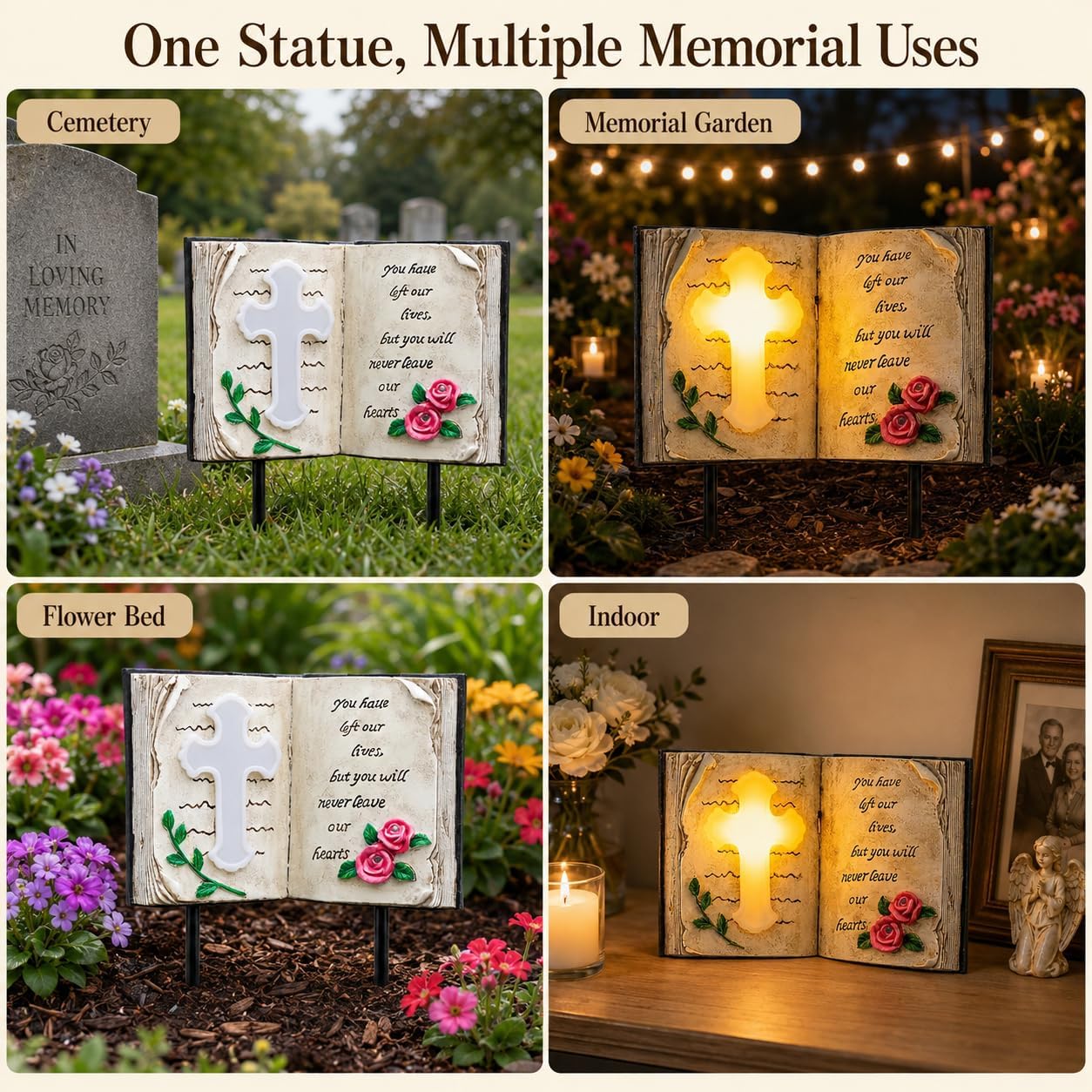 Outdoor Solar Memorial Cross Stakes Lights, Waterproof Book Statue Grave Decorations Sympathy Gifts for Cemetery