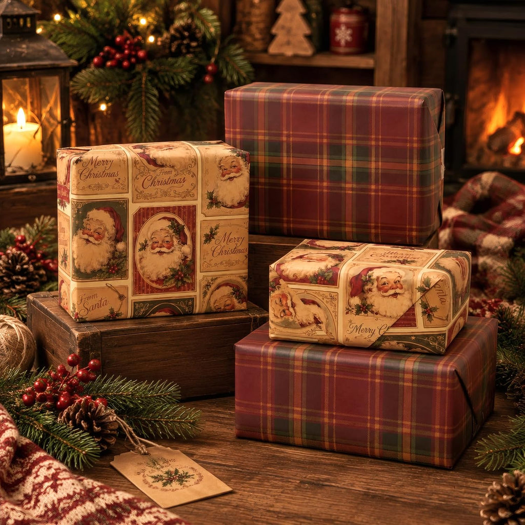 Vintage Santa Christmas Wrapping Paper Rolls,Brown Gift Wrap
