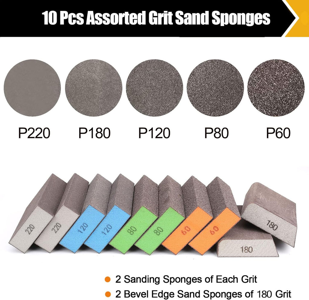 10 Pcs Sanding Sponge Set, 220 Grit: 4 Pcs, 60/80/100/120/180 Grit: 2 Pcs Each, Washable & Reusable Sanding Block for