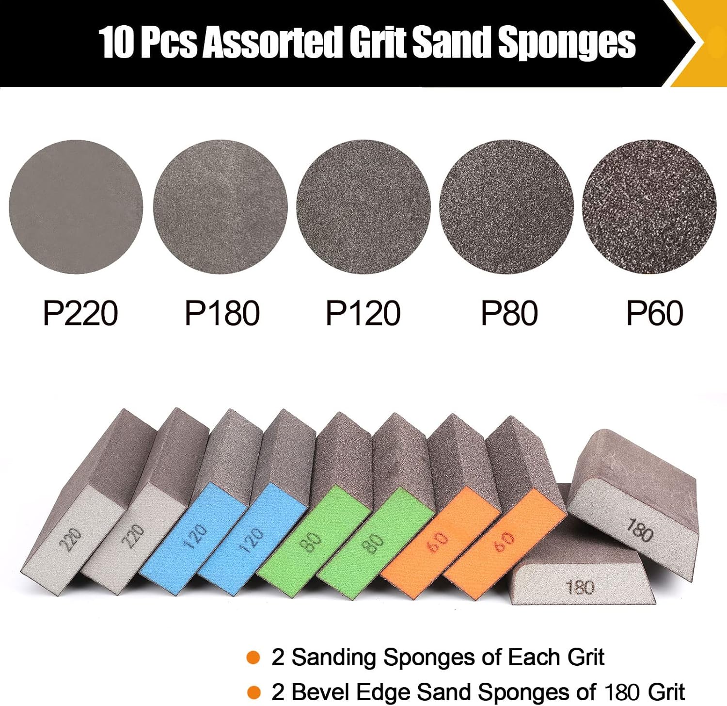 10 Pcs Sanding Sponge Set, 220 Grit: 4 Pcs, 60/80/100/120/180 Grit: 2 Pcs Each, Washable & Reusable Sanding Block for