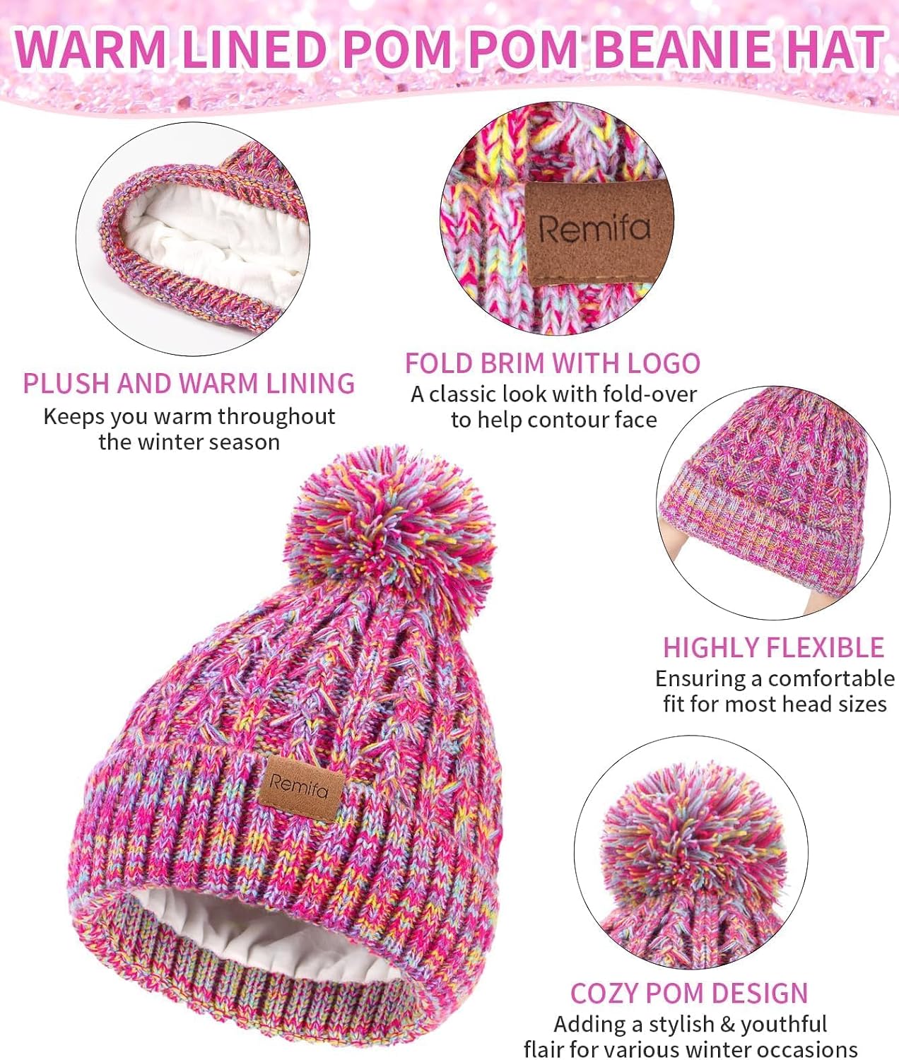 Kids Winter Hat Gloves Scarf Set, Valentines Gift for Girl Boy Toddler w/Fleece Lined Pom Beanie Warmer Scarf Mittens