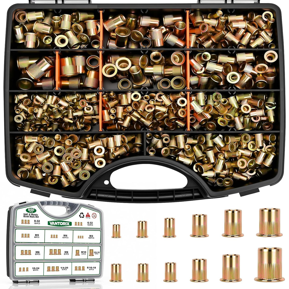 850 Pcs SAE & Metric Rivet Nut Kit, Flat Head Threaded Inserts