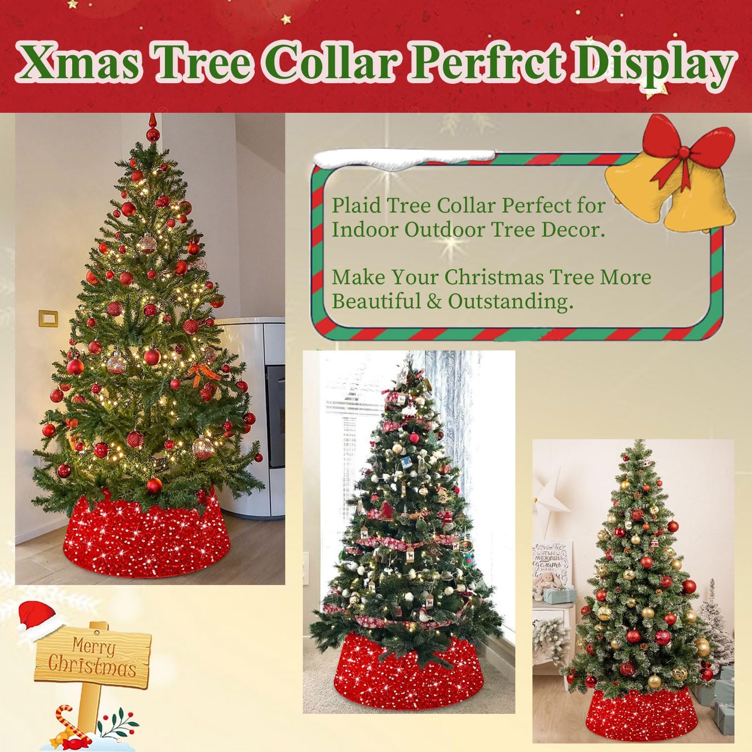 Red Christmas Tree Collar Glittery Xmas Tree Rings Sequins Christmas Tree Base 24 Inch Velvet Xmas Tree Skirt