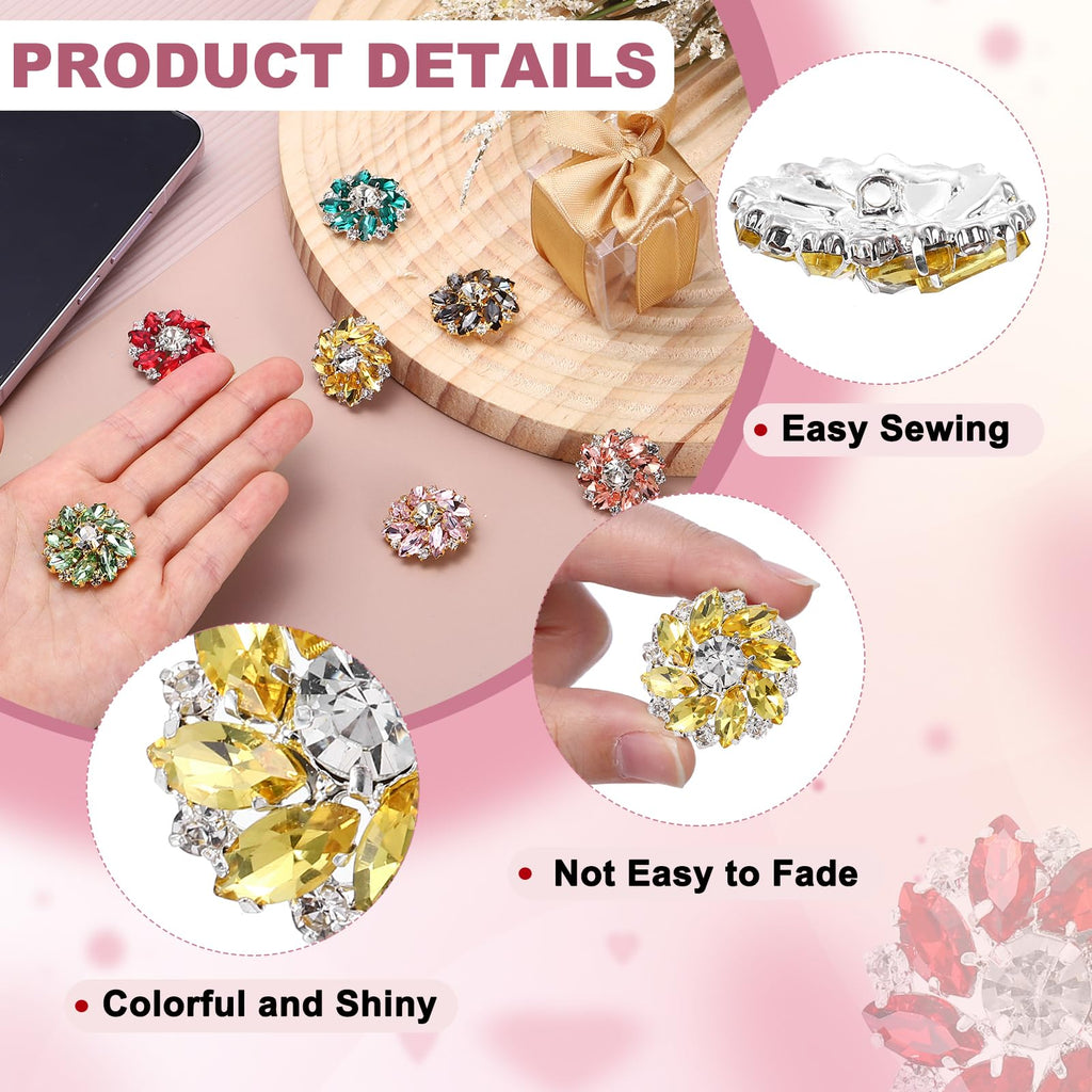 6pcs Rhinestone Flower Sewing Buttons 1 Inch, Silver Yellow