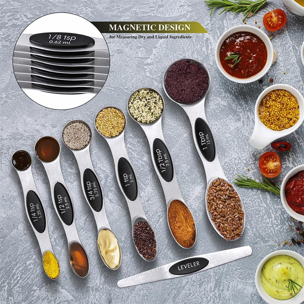 Measuring Cups & Spoons Set of 16, BOBIPRO Stainless Steel 8 Nesting Measure Cups Set & 7 double-sided Magnetic
