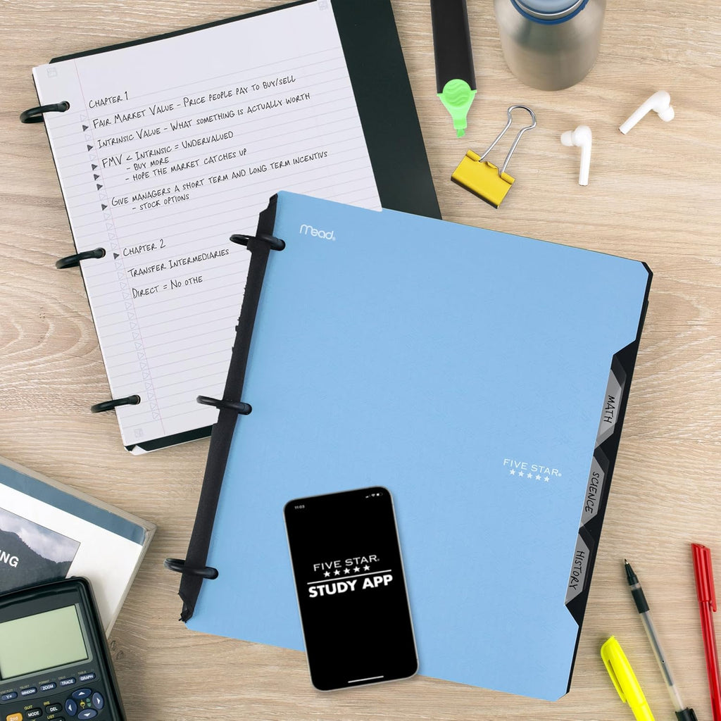 Flex Refillable Notebook + Study App, College Ruled Paper and 1 Inch TechLock Ring Binder with Pockets, Tabs and