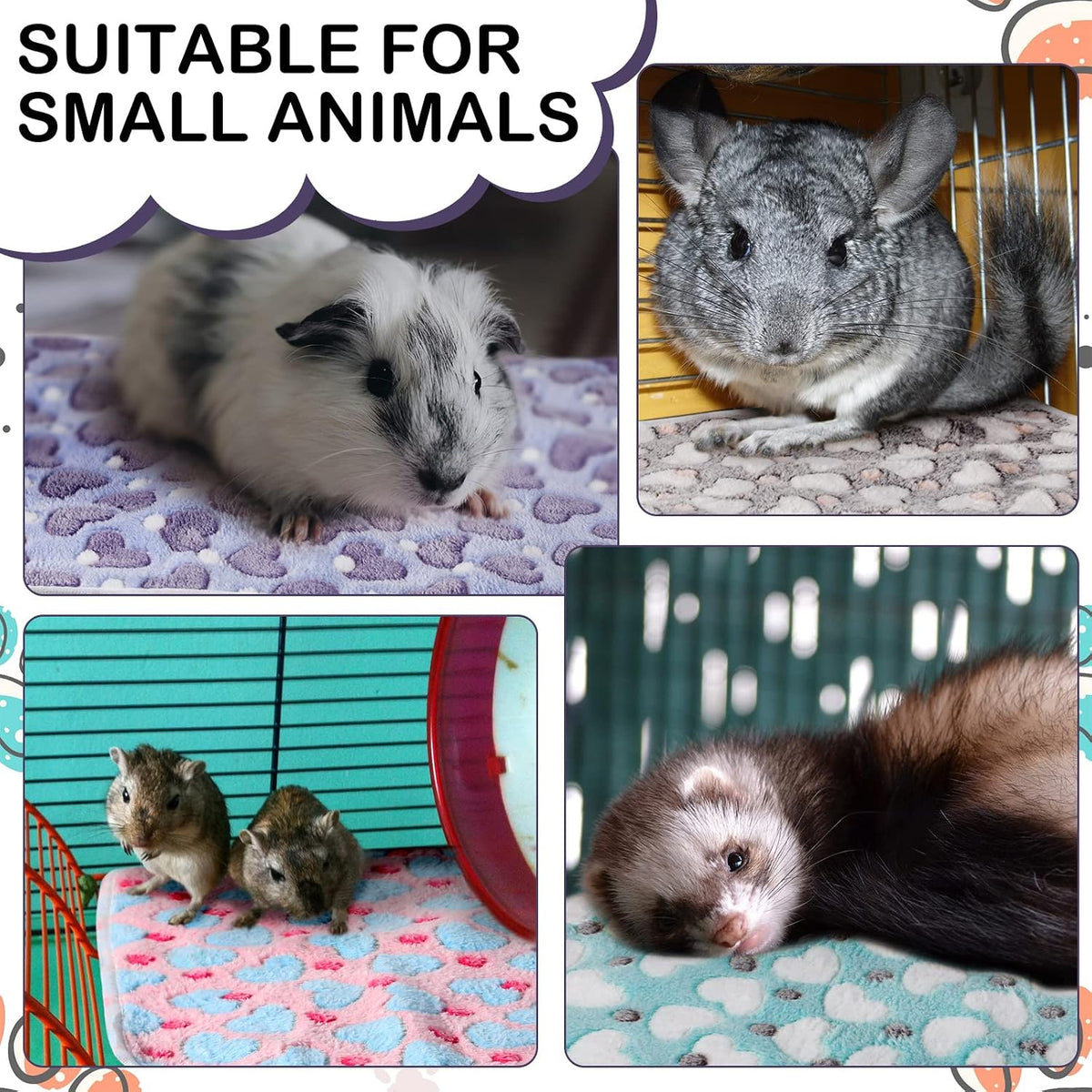 4 Pcs Guinea Pig Fleece Cage Liners, Heart Pattern, 24 x 16 Inch