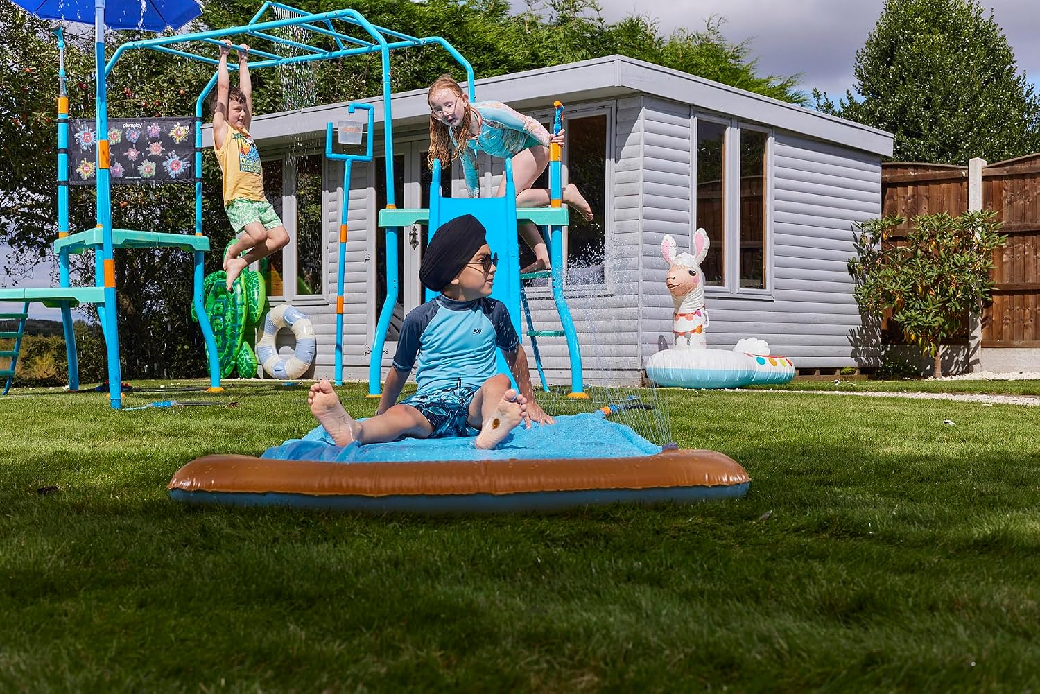 Play Kids Water Slide Outdoor Play Equipment - Toddler Water Toys, Water Gun, Monkey Bars, Sprinkler for Kids, Dump