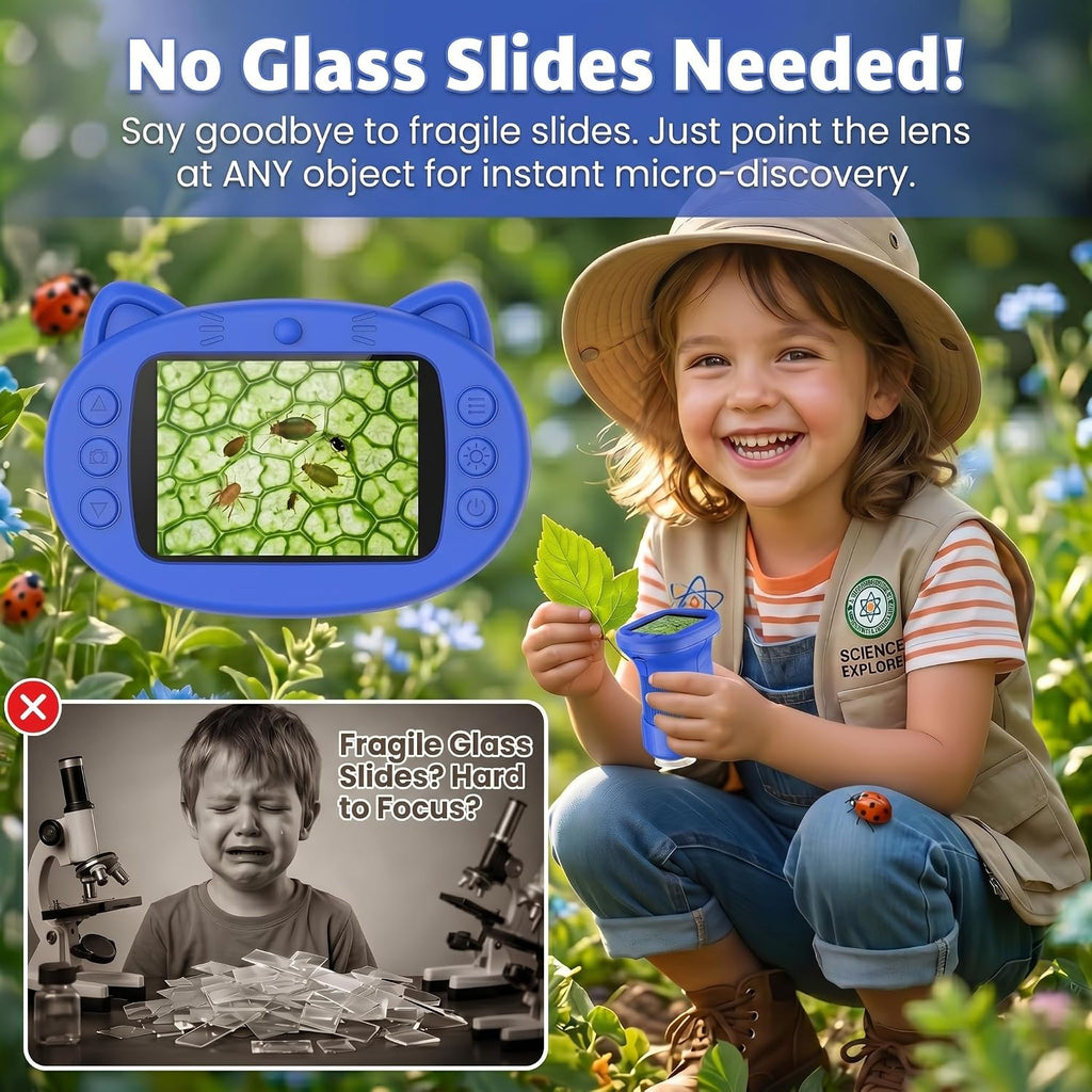 Kids Microscope, 1000X Handheld Digital Pocket Microscope with 2.4" IPS Screen & 8 LEDs, Rechargeable STEM