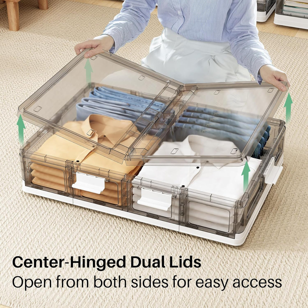 Clear Plastic Under Bed Storage Containers Bins with Lids and 8 Pre-installed Wheels,37.8 Qt, Rolling Foldable Flat