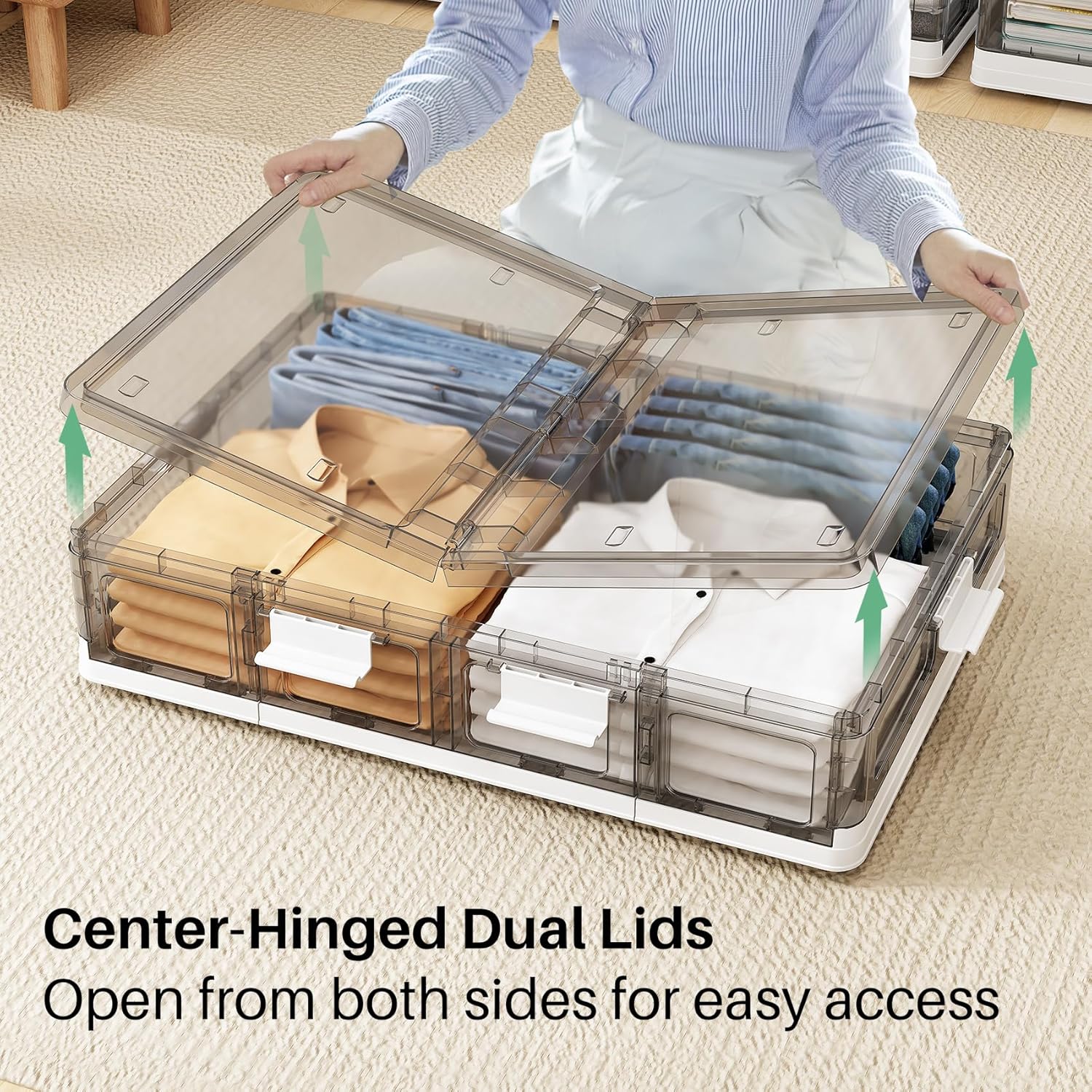 Clear Plastic Under Bed Storage Containers Bins with Lids and 8 Pre-installed Wheels,37.8 Qt, Rolling Foldable Flat
