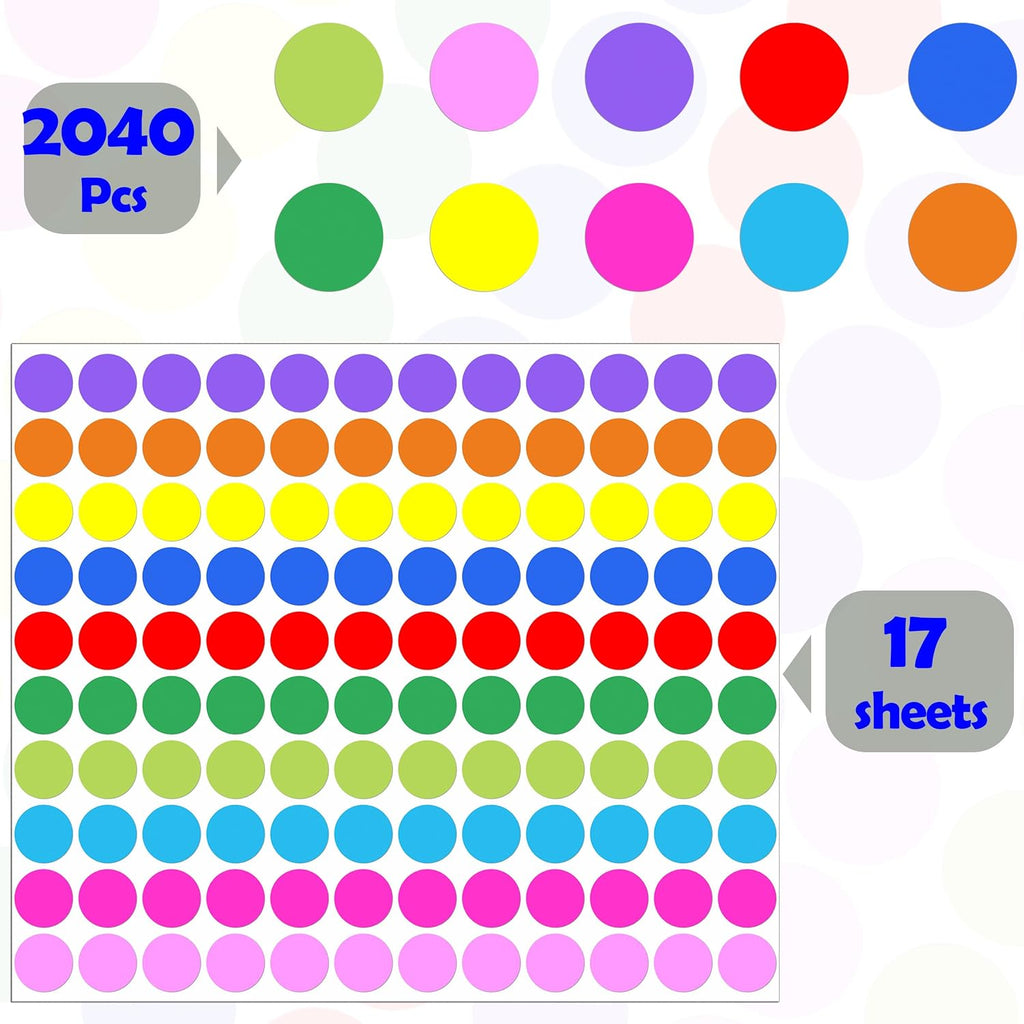 2040 PCS Colored Dot Stickers,3/4 Inch,10 Colors Round Circle Labels