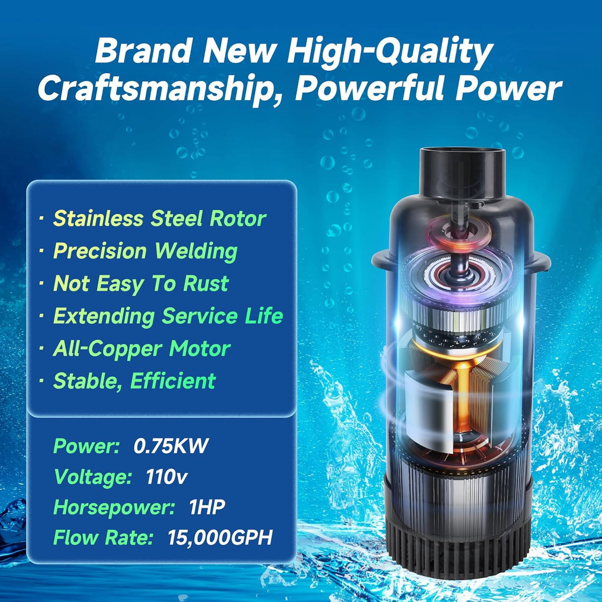 Pond Fountain Aerator, 1HP 110V 15000 GPH Fountain Pump, Fully Automatic Powerful Lake Floating Fountain, 100 FT