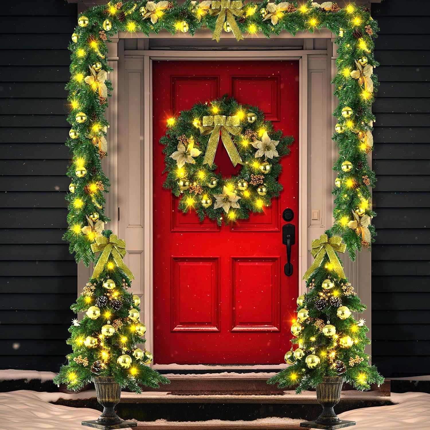 4 Piece Pre Lit Gold Christmas Garland and Wreath Set 3 ft Entrance Trees 17.72" Front Door Christmas Wreath 7.87 ft