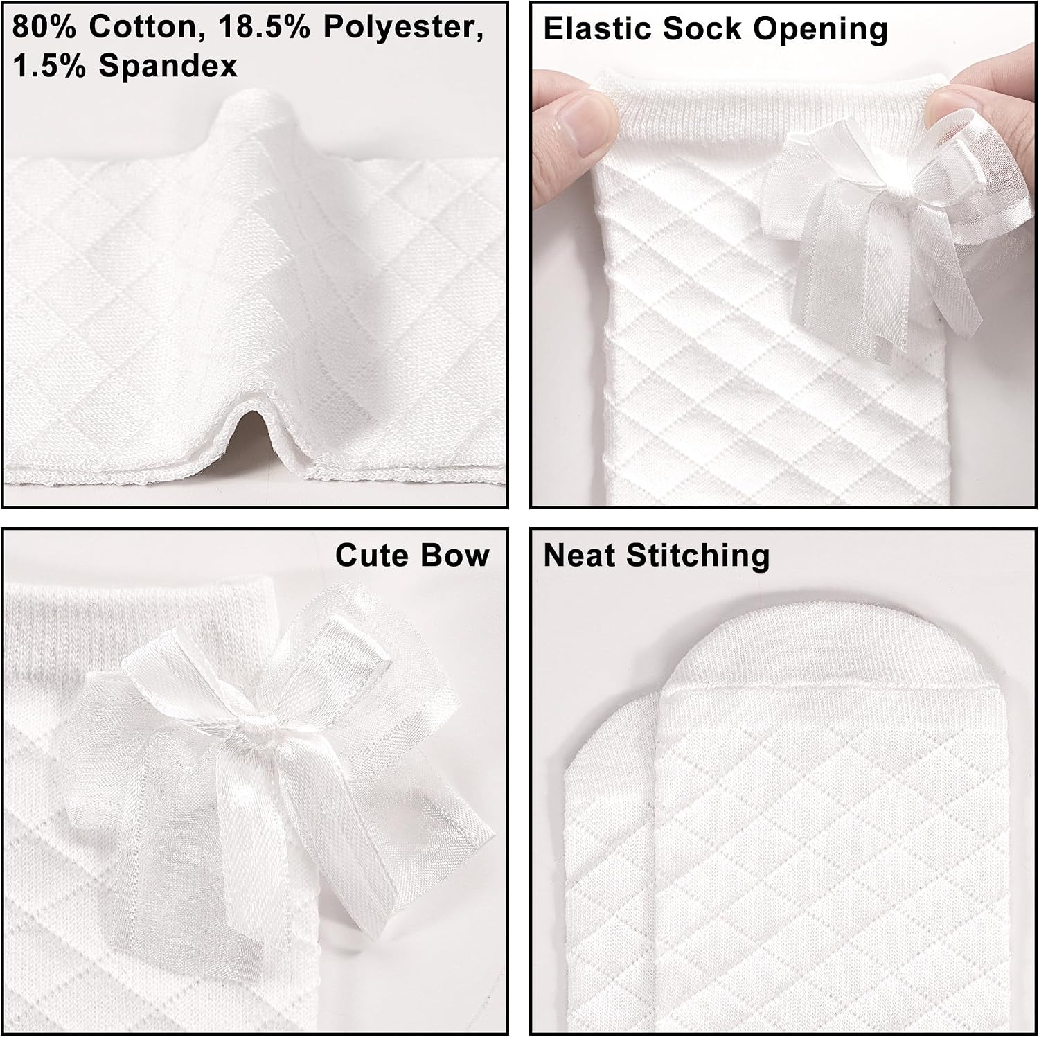 3 Pairs Girls Cotton Knee High Bow Socks, School Socks Ages 4-12 | Lovely side bow decoration,classic white, black