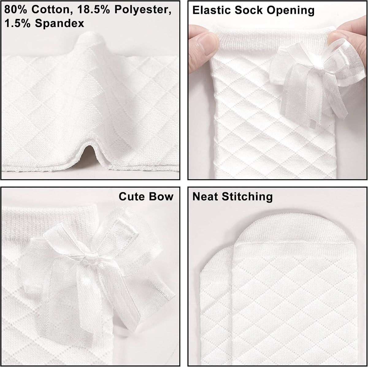 3 Pairs Girls Cotton Knee High Bow Socks, School Socks Ages 4-12 | Lovely side bow decoration,classic white, black