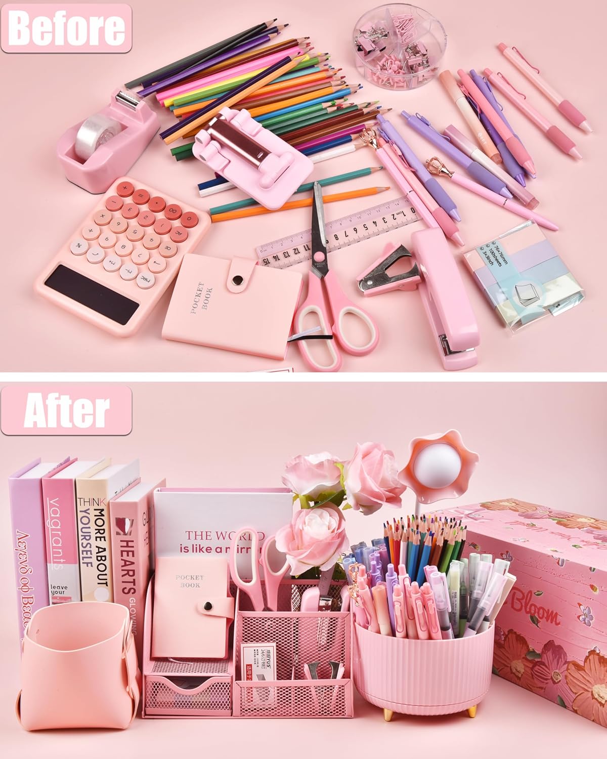 21Pcs Pink Desk Organizers and Accessories With Mesh Desk Organizer and 360°Rotating Pen Holder and a Lot of Office