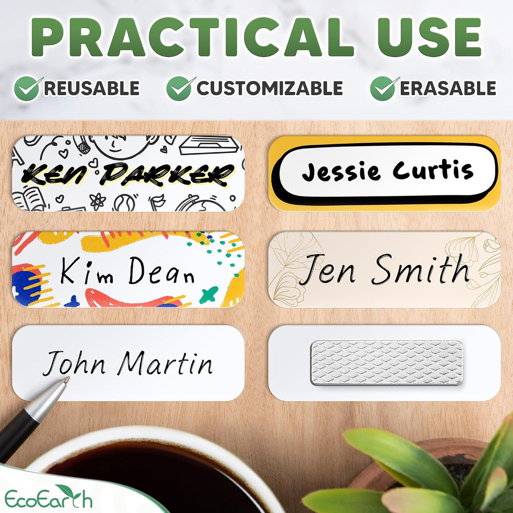 Blank Magnetic Name Tags with Strong Magnet Backing - 1x3, 25 Pack | EcoEarth Premium Name Tag Holders with 3