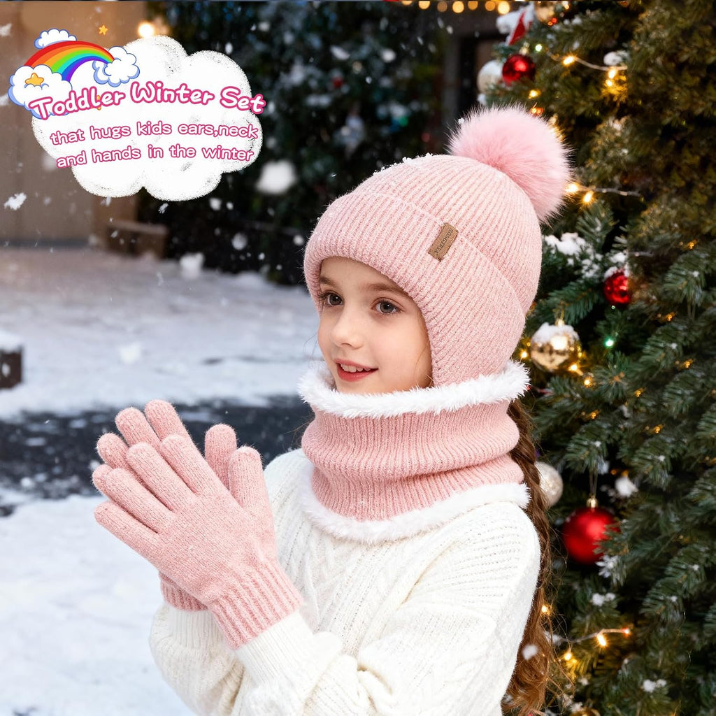 Toddler Girls Winter Hat Gloves Scarf Set Warm Fleece Lined Knit