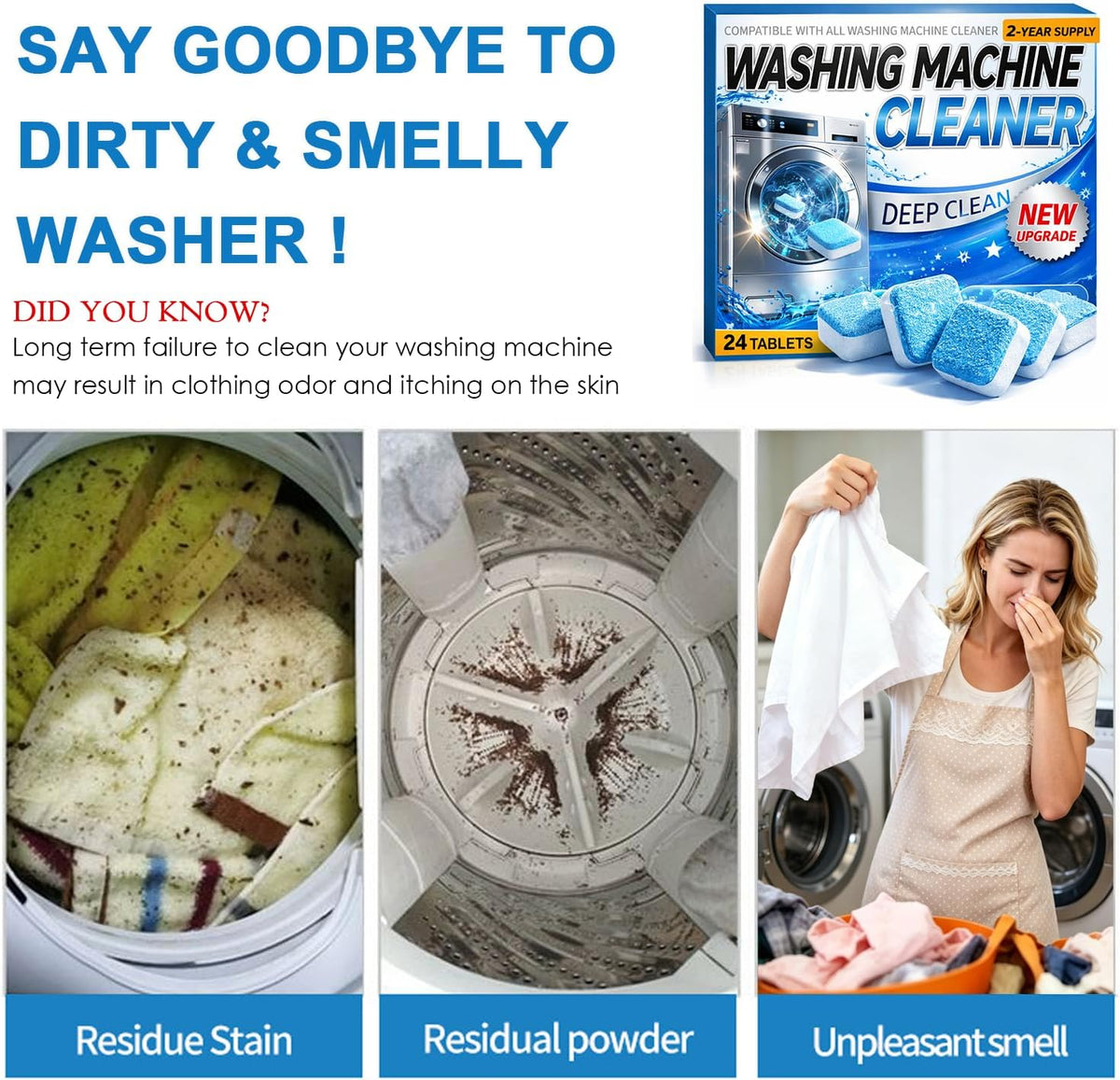 Enzyme Washing Machine Cleaner Tablets (24 Pack) – Protease Laundry Machine Cleaner for HE, Front Load & Top Load